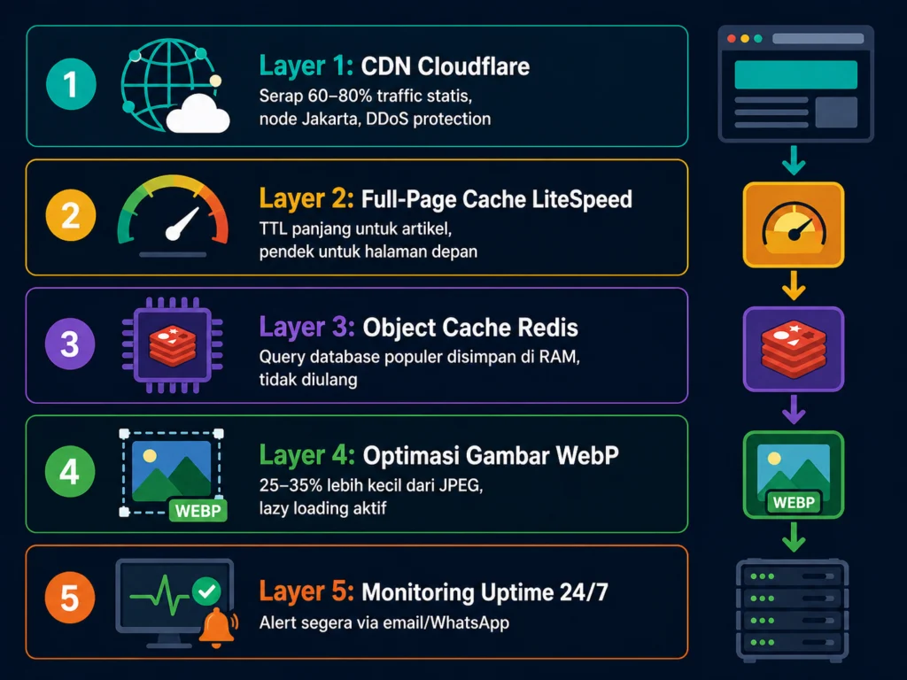 stack teknis portal berita WordPress CDN Cloudflare LiteSpeed Cache Redis optimasi gambar monitoring