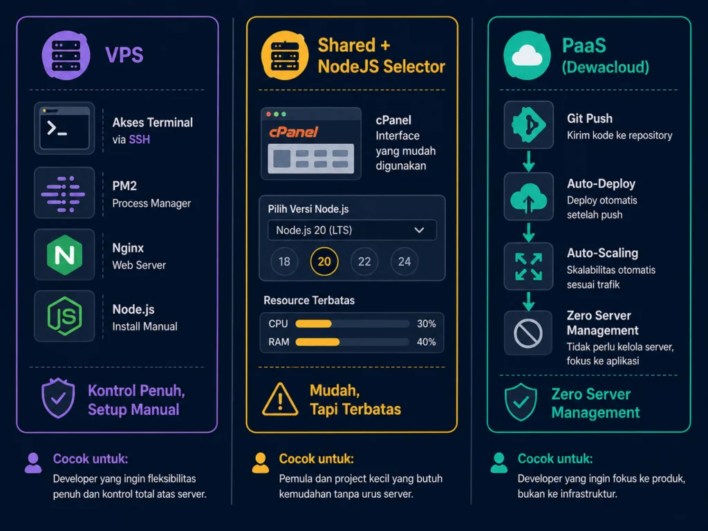 perbandingan VPS shared hosting NodeJS Selector PaaS deploy aplikasi Node.js Indonesia