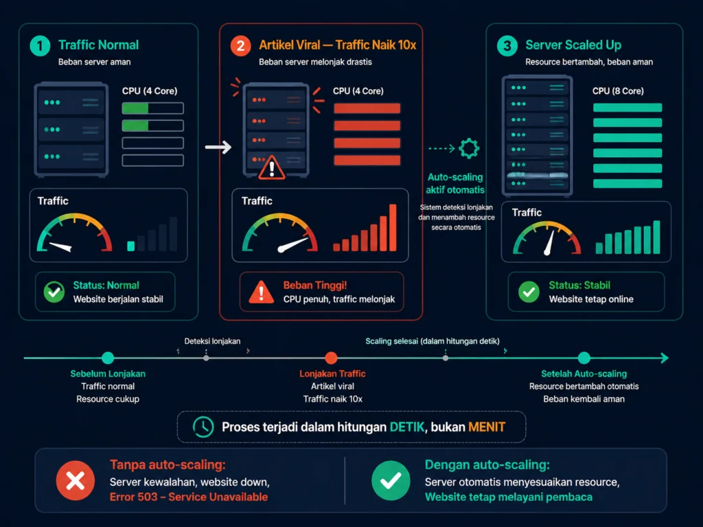 cara kerja auto scaling hosting portal berita traffic lonjakan otomatis cloud hosting Indonesia