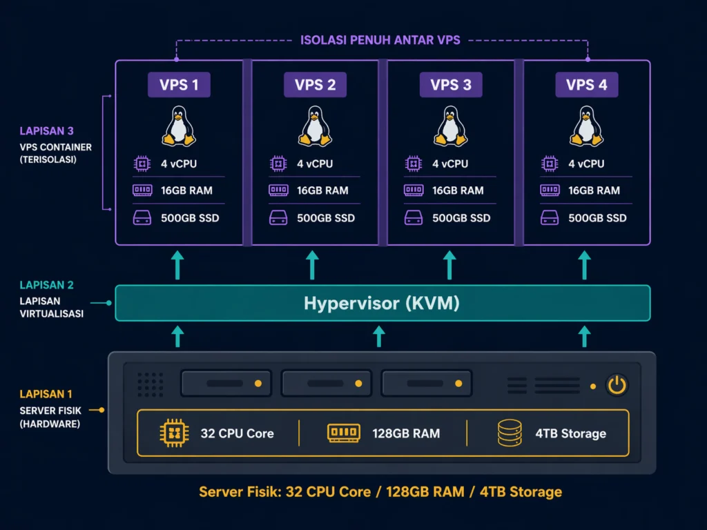 cara kerja virtualisasi KVM VPS server fisik dibagi menjadi virtual private server