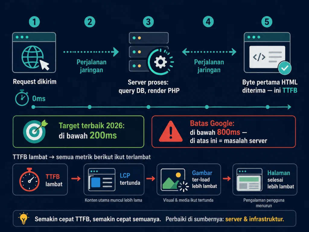 cara kerja TTFB time to first byte hosting lambat pengaruh LCP Core Web Vitals