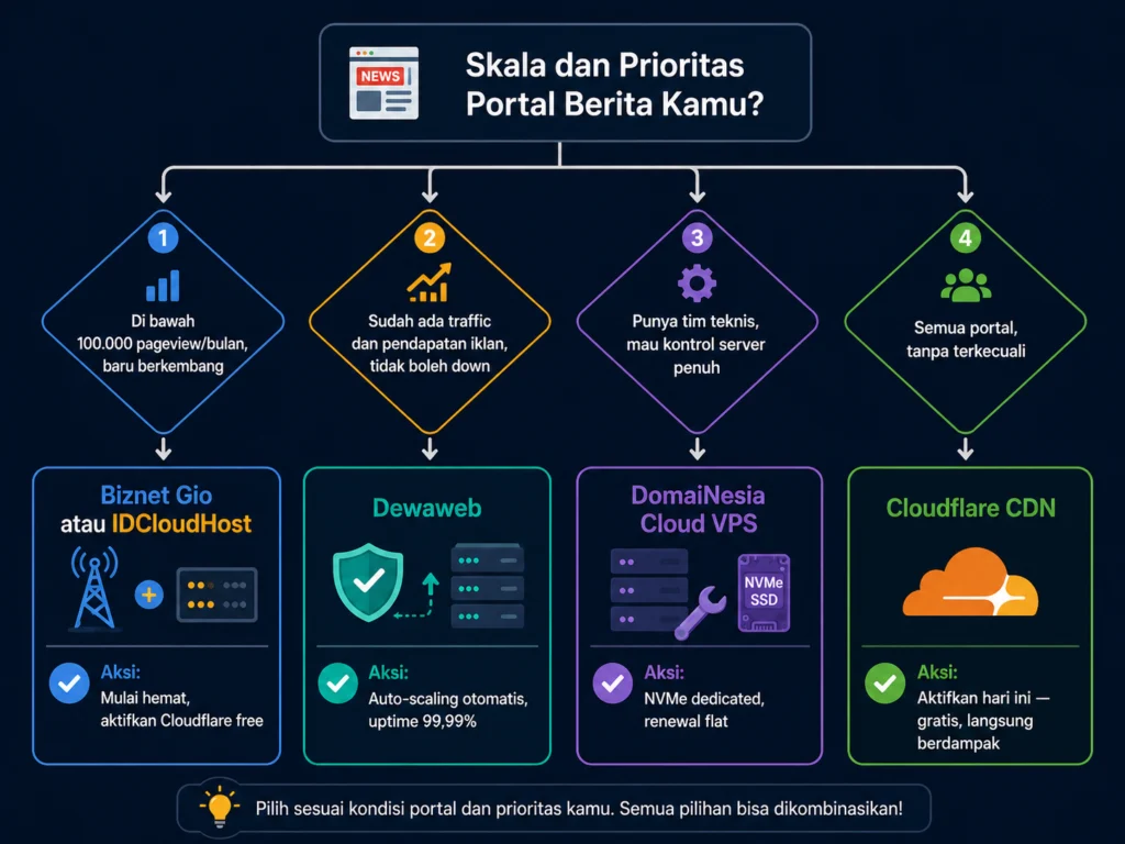flowchart pilih hosting portal berita skala pageview pendapatan iklan Dewaweb Biznet IDCloudHost DomaiNesia