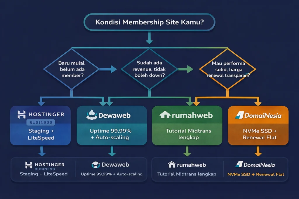 flowchart-pilih-hosting-membership-site-hostinger-dewaweb-rumahweb-domainesia