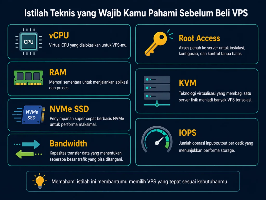 istilah teknis VPS vCPU RAM NVMe SSD bandwidth root access KVM IOPS penjelasan pemula
