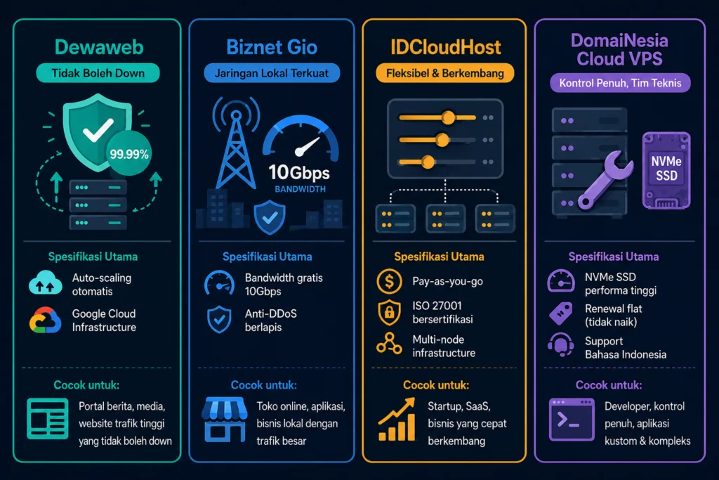 perbandingan hosting portal berita Dewaweb Biznet Gio IDCloudHost DomaiNesia