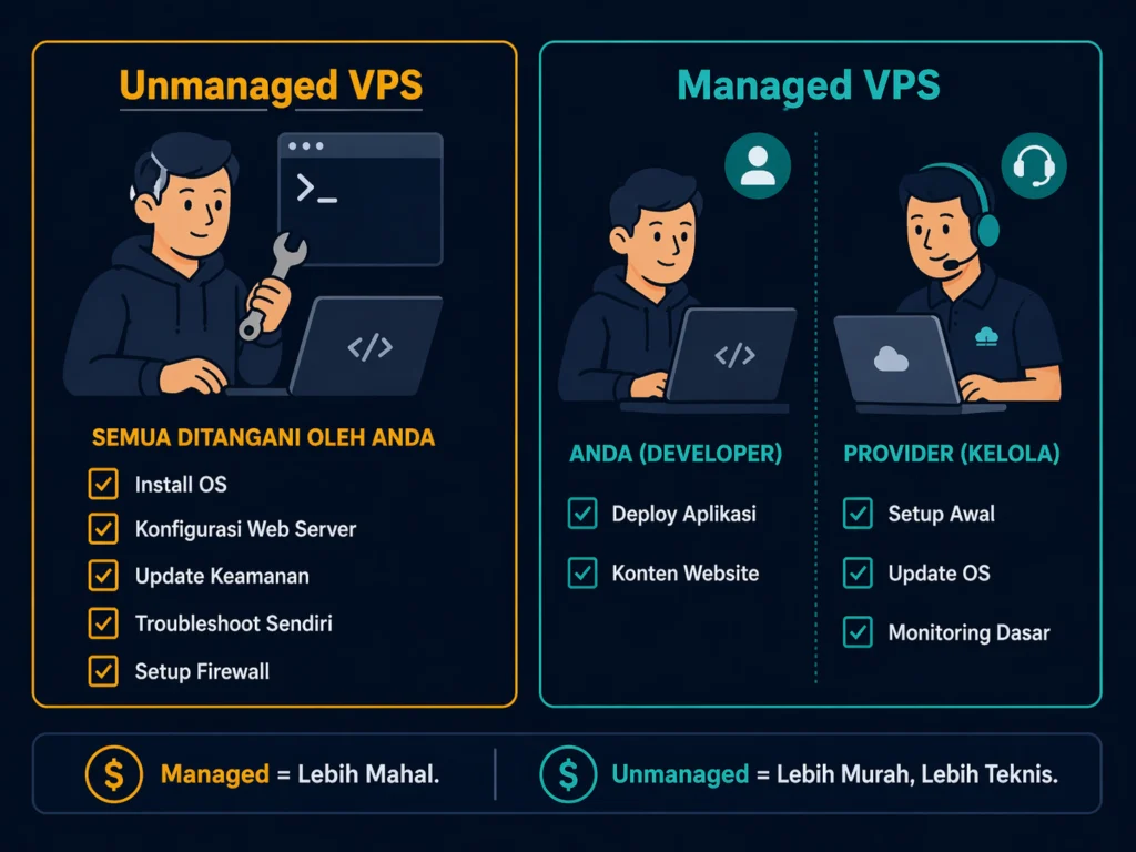 perbedaan managed VPS unmanaged VPS tanggung jawab konfigurasi server