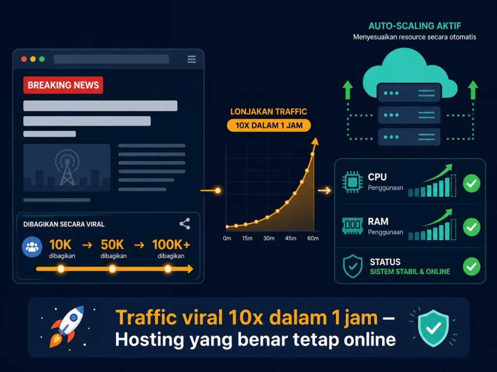 hosting terbaik portal berita Indonesia traffic viral auto scaling uptime