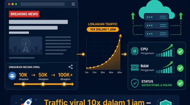 hosting terbaik portal berita Indonesia traffic viral auto scaling uptime