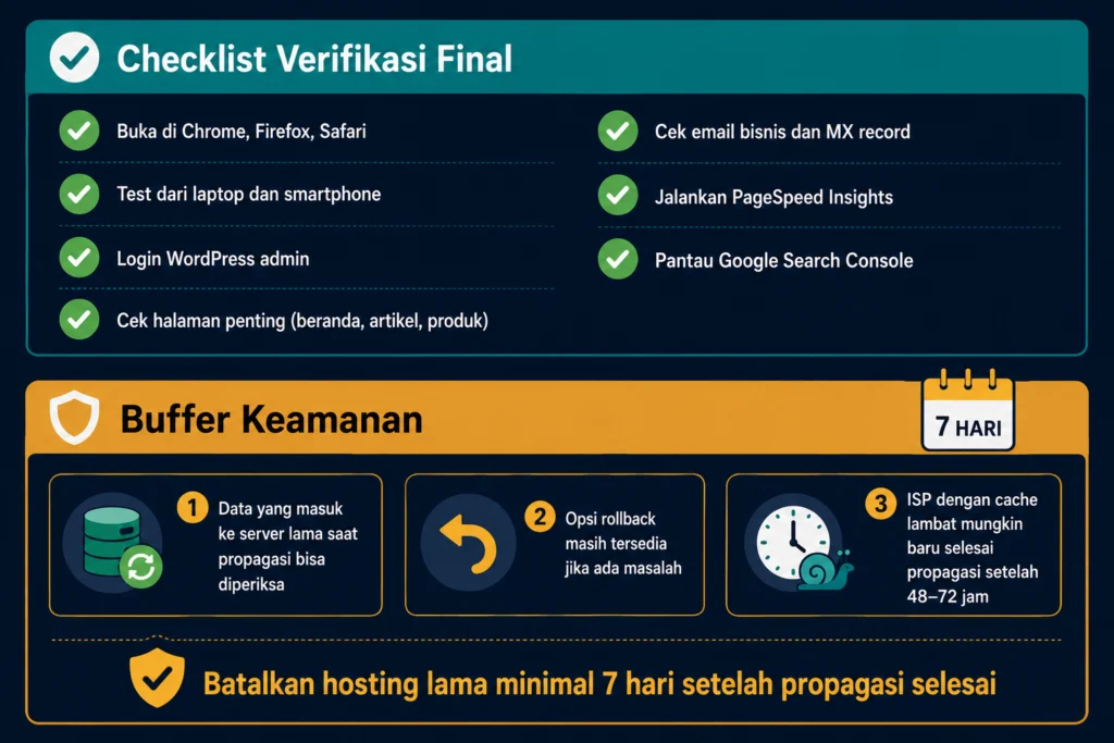checklist verifikasi migrasi hosting selesai buffer 7 hari simpan hosting lama rollback
