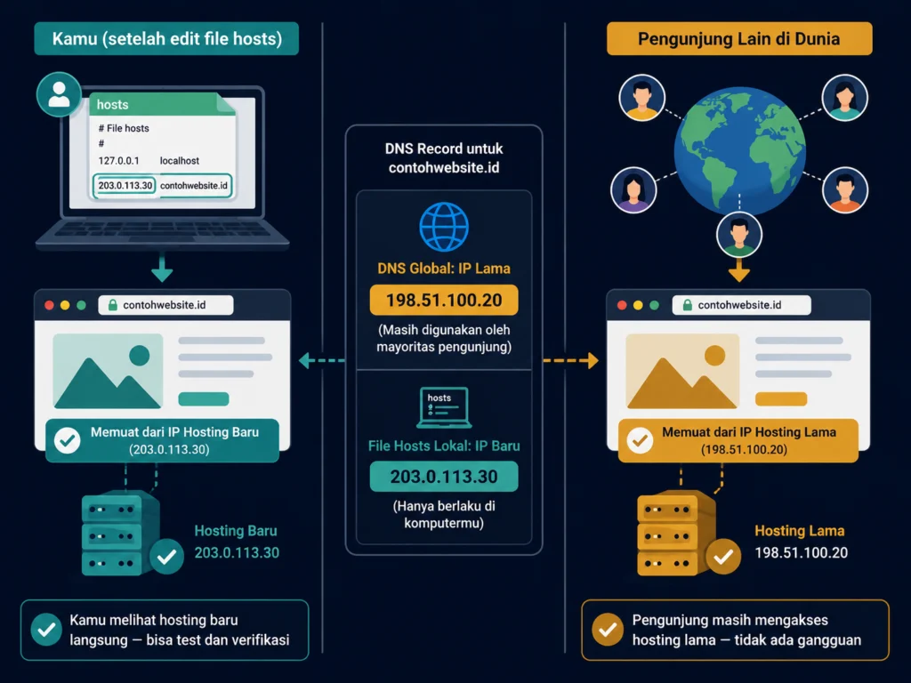 cara kerja file hosts test migrasi hosting baru tanpa ubah DNS WordPress langkah 5