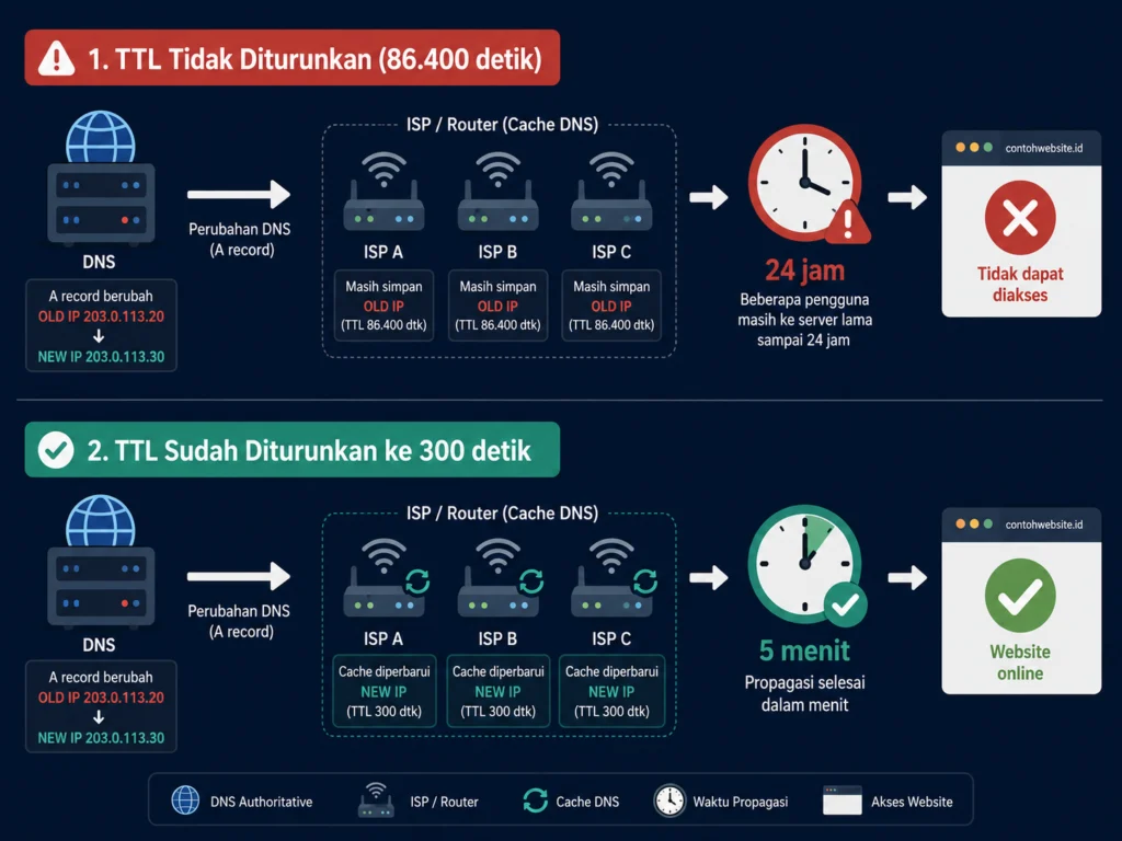 cara kerja propagasi DNS TTL migrasi hosting downtime penyebab nameserver WordPress