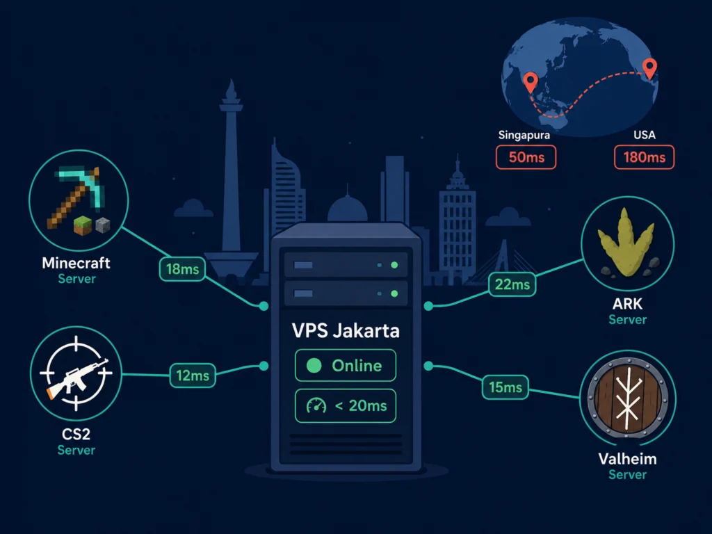 VPS game server Indonesia Jakarta latensi rendah Minecraft CS2 ARK Valheim