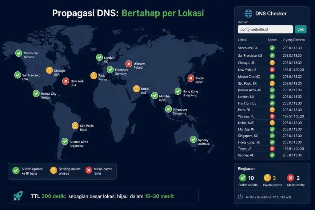 propagasi DNS global dnschecker monitoring migrasi hosting nameserver A record centang hijau