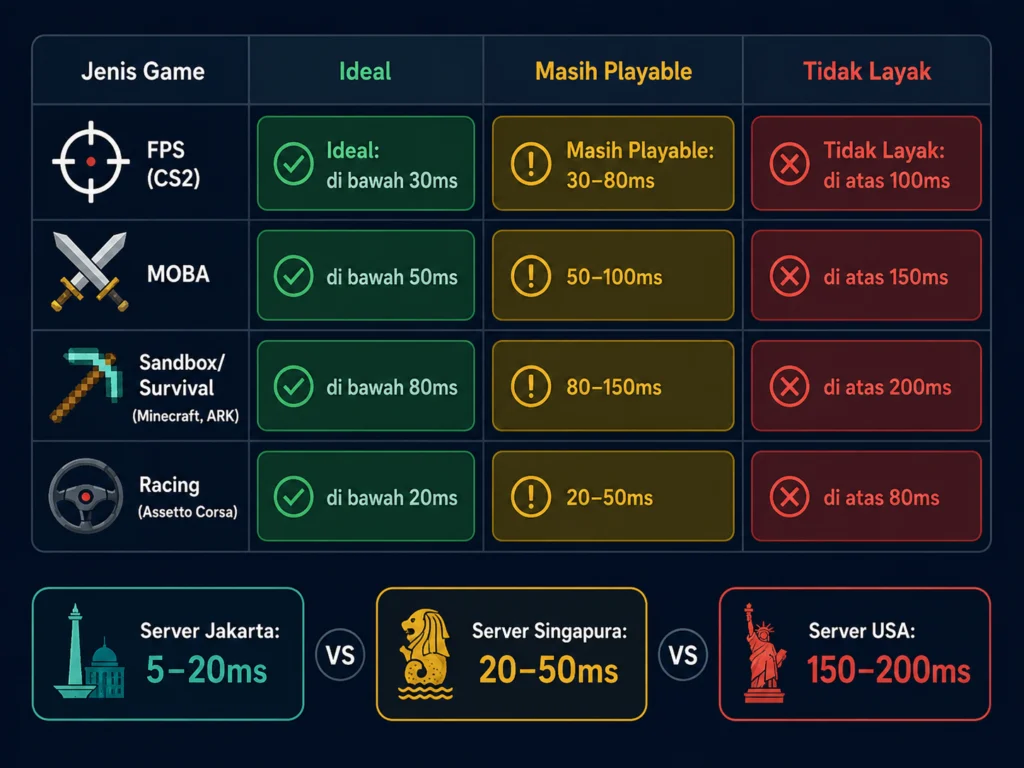 ambang batas ping latensi game FPS MOBA sandbox racing server Indonesia ideal playable