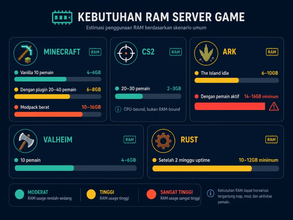 kebutuhan RAM game server Minecraft CS2 ARK Survival Ascended Valheim Rust Indonesia
