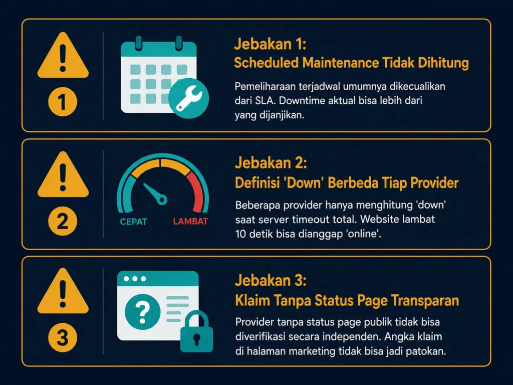 3 jebakan klaim uptime hosting scheduled maintenance definisi downtime status page SLA