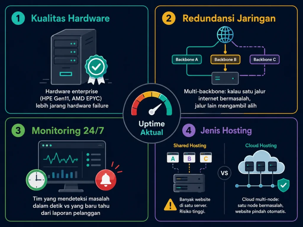 faktor uptime aktual hosting infrastruktur hardware redundansi jaringan monitoring cloud vs shared