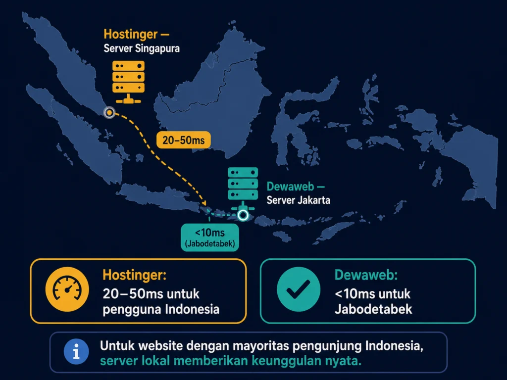 server Jakarta vs Singapura latensi hosting Indonesia Dewaweb Hostinger lokasi data center
