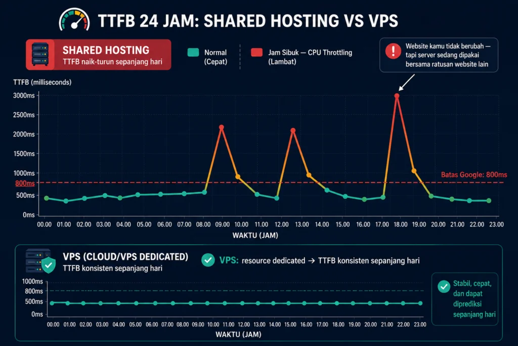 TTFB tidak konsisten jam sibuk CPU throttling shared hosting bad neighbor resource contention
