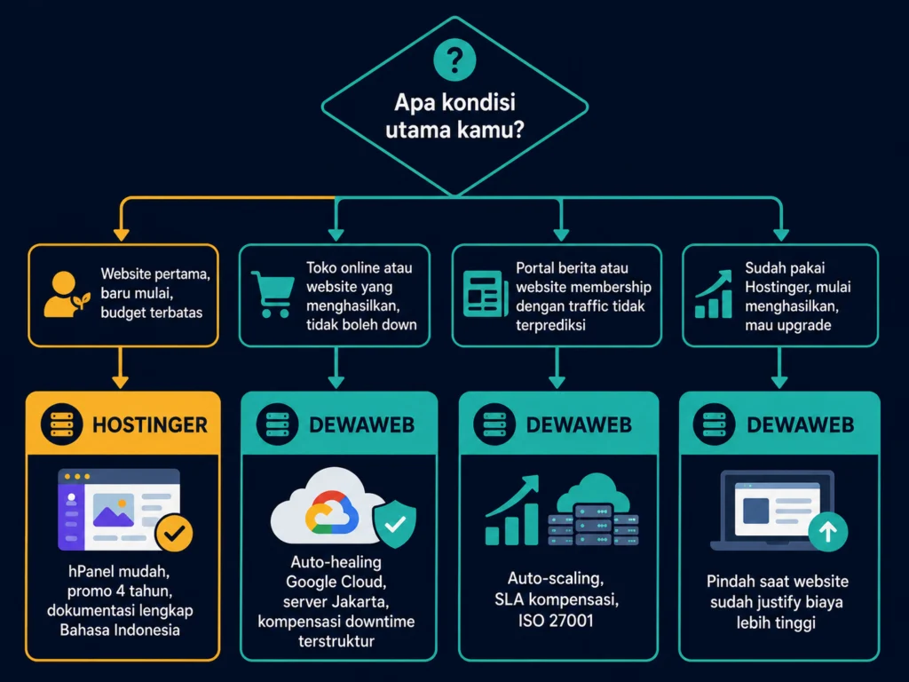 flowchart pilih Hostinger atau Dewaweb Indonesia blog toko online membership bisnis budget pemula
