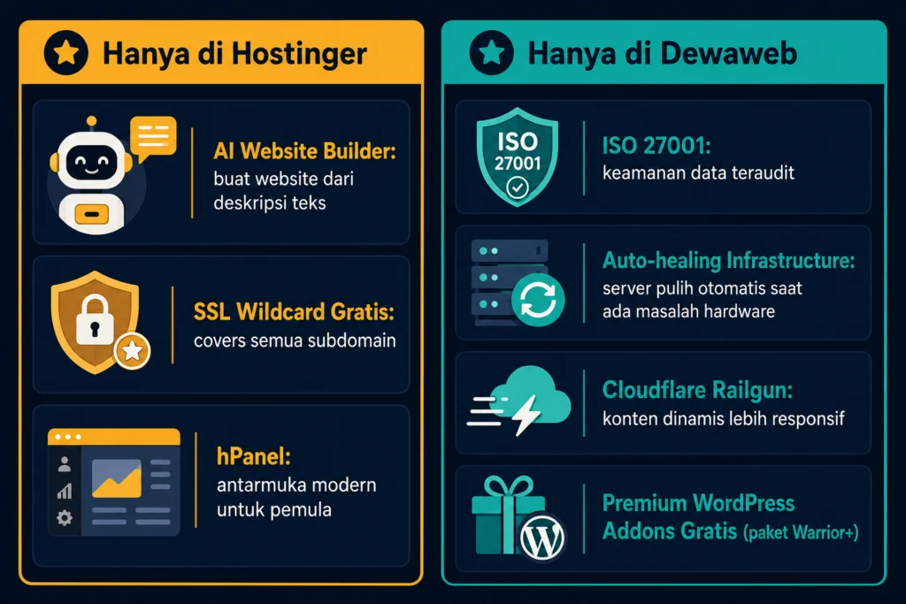 fitur eksklusif Hostinger AI website builder SSL Wildcard hPanel vs Dewaweb ISO 27001 auto healing Railgun