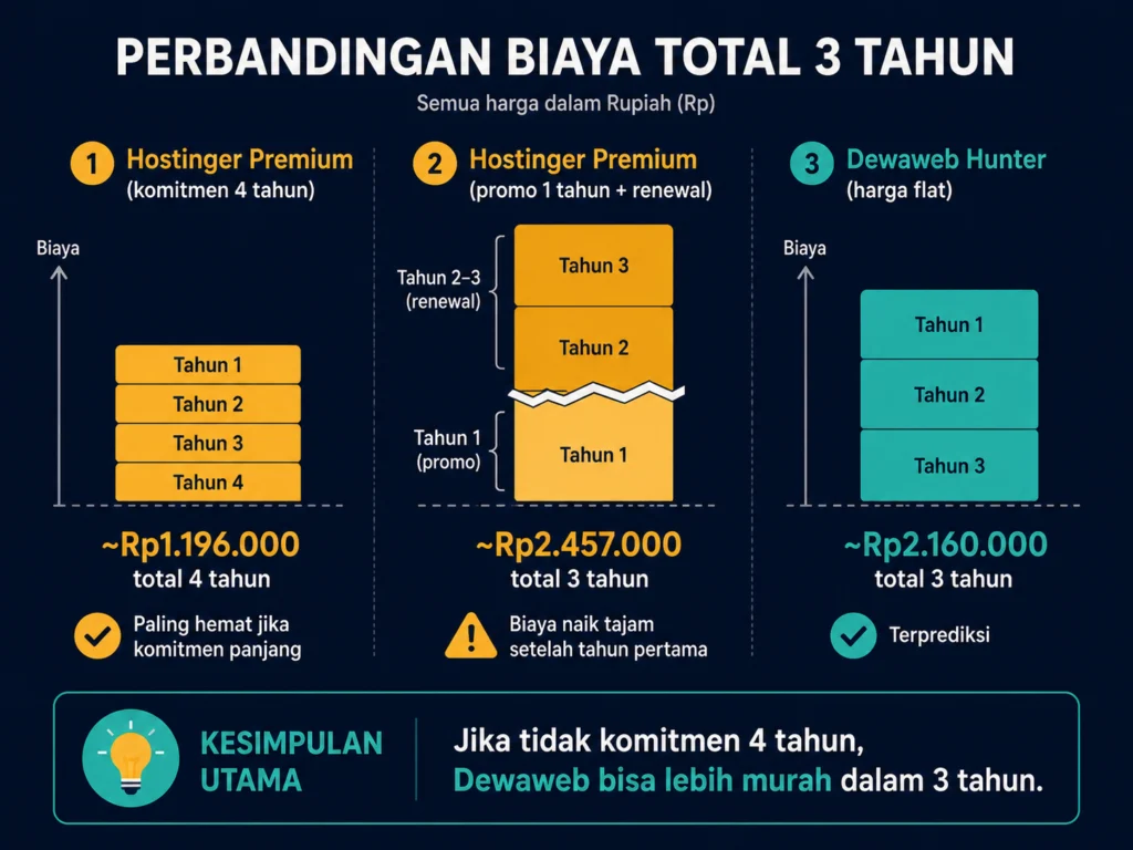 perbandingan harga 3 tahun Hostinger promo renewal vs Dewaweb flat harga total hosting Indonesia