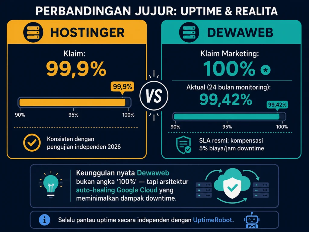 klaim uptime marketing vs uptime aktual monitoring Hostinger 99,9 Dewaweb 99,42 persen SLA kompensasi