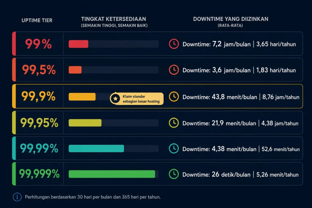 tabel konversi uptime downtime 99 persen 99,9 persen 99,99 persen per bulan per tahun hosting Indonesia