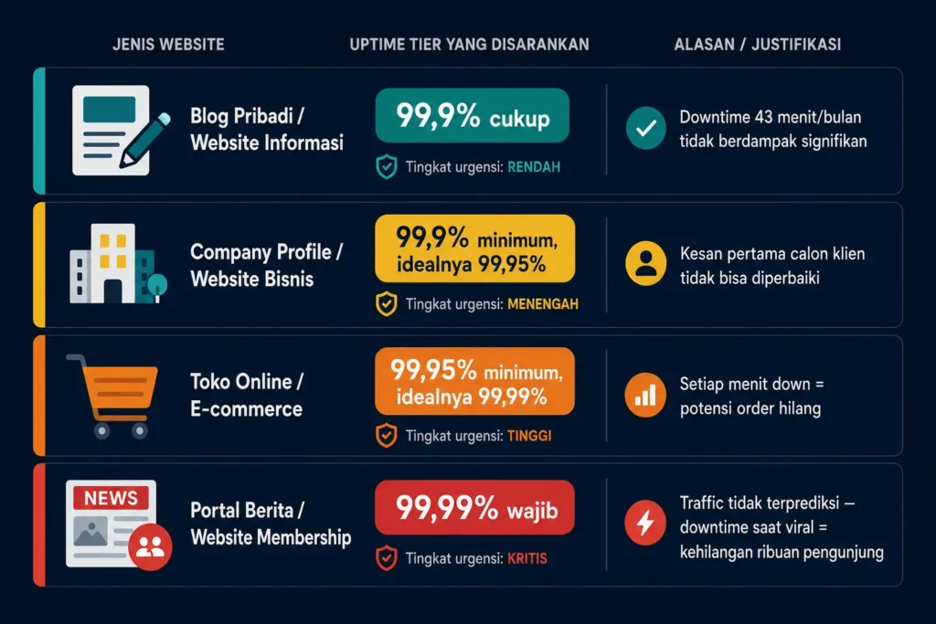 kebutuhan uptime minimum blog toko online company profile portal berita membership hosting Indonesia